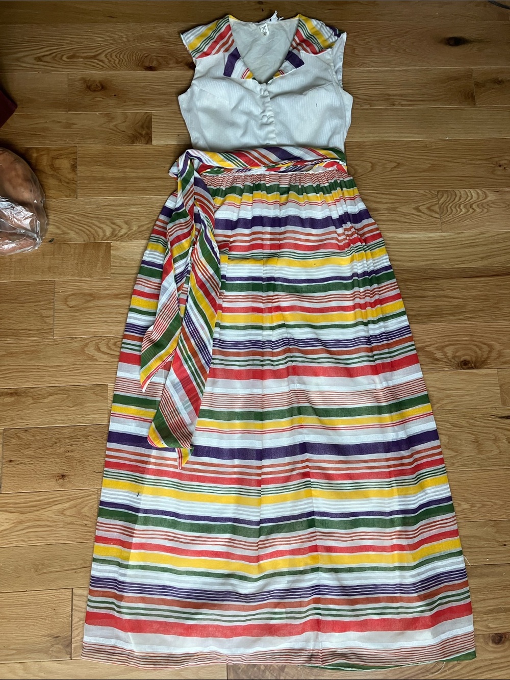 Striped Multicolor Maxi Dress with Tie Belt - White Bodice